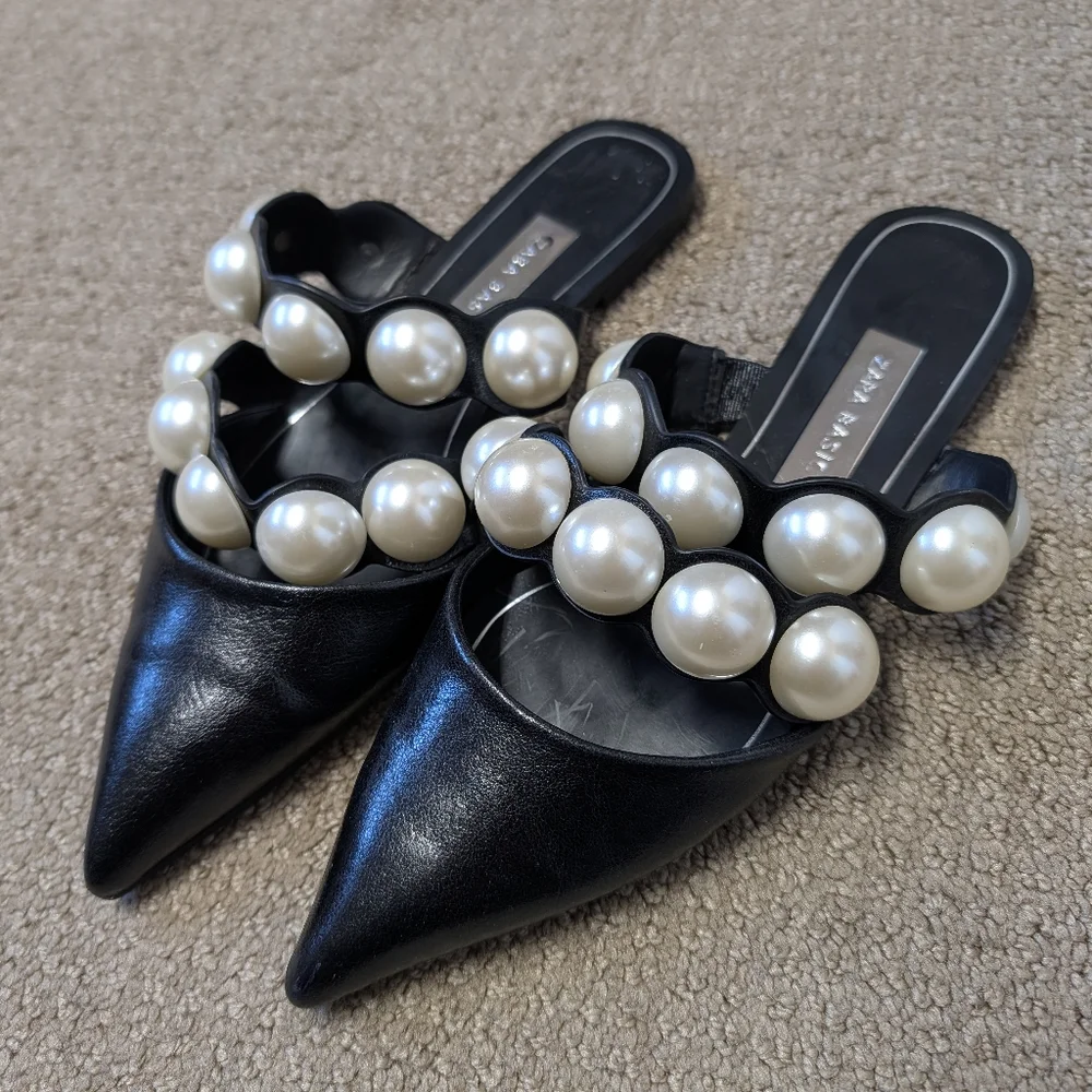 Zara Womens Pearl Strap Mules Pointed Flats Black 36 Blogger Favorite Influencer - Picture 1 of 9